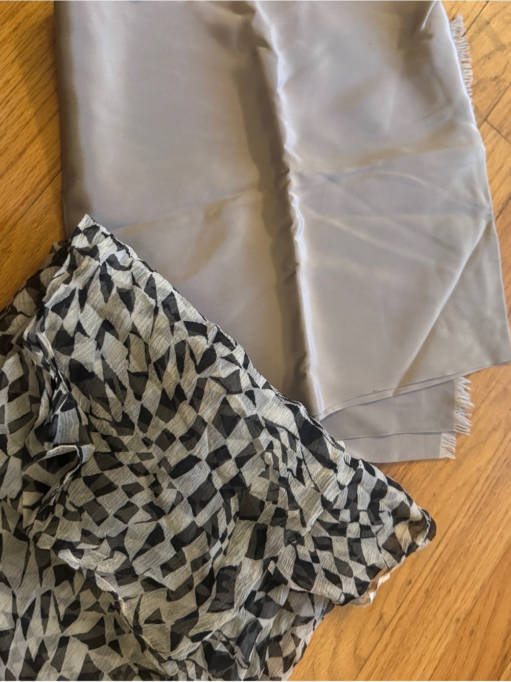 Vintage Saks Fifth Ave Silk Gray and Black Pattern Scarf Duo